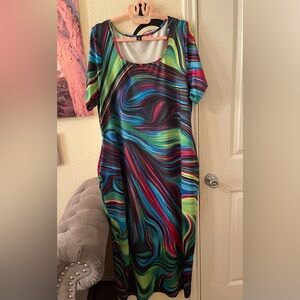 Plus Size Womens Colorful Abstract swoop neck maxi Dress with pockets sz 3X